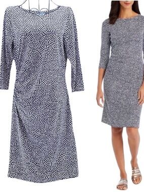 NEW J McLaughlin Navy & White Arno Geometric Dot Knit Rouched Dress, Size S
